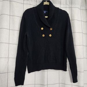 Chaps black women's sweater with a shawl collar and gold accent buttons